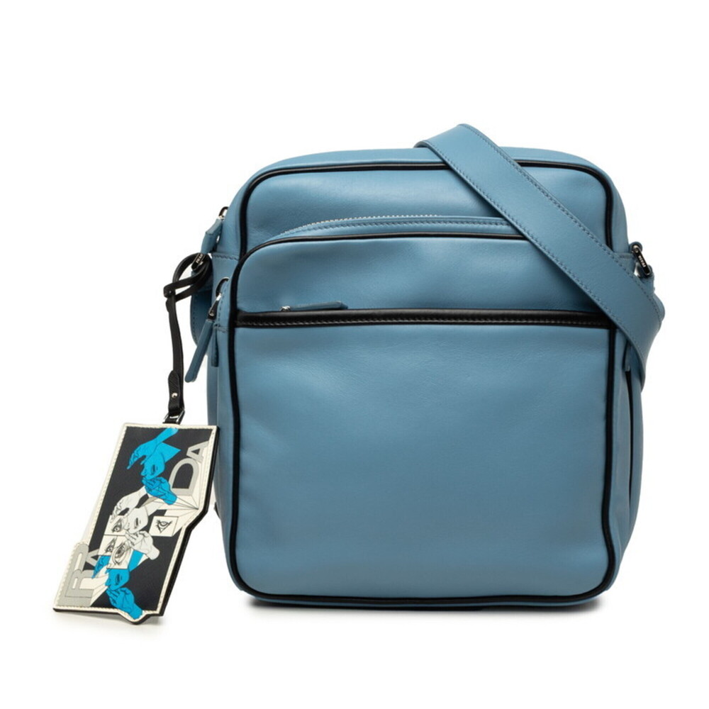 Prada Triangle Logo Plate Crossbody Shoulder Bag 2VH030 Light Blue Leather Wo...